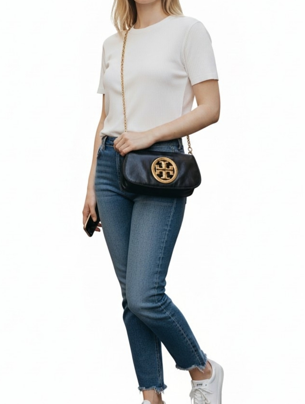 Tory Burch Black Leather Chain Crossbody Clutch with Gold Hardware